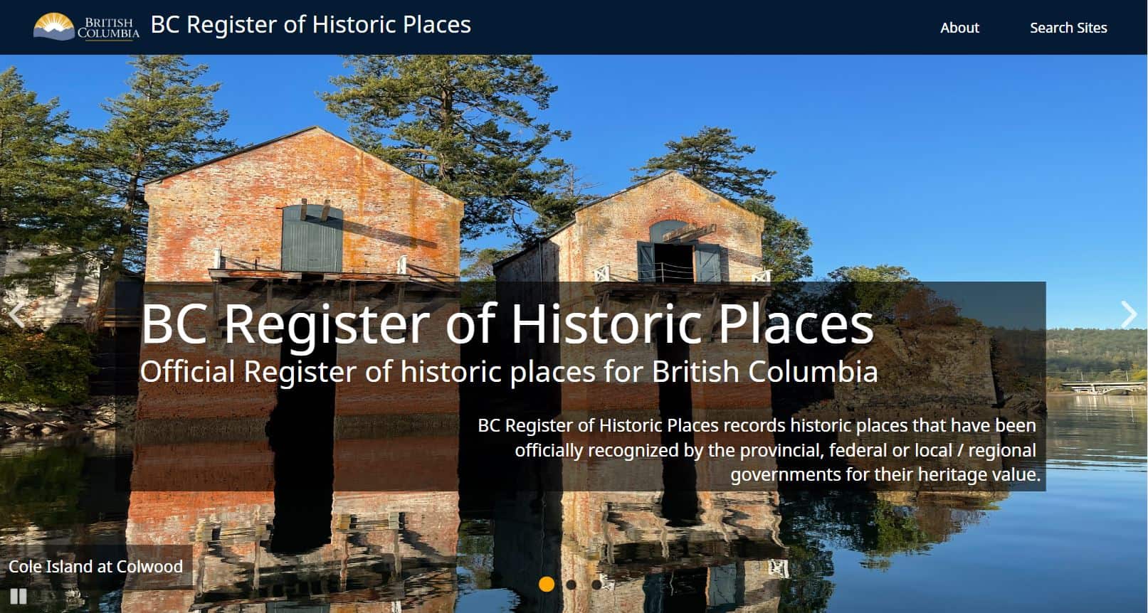 Screenshot of British Columbia Register of Historic Places